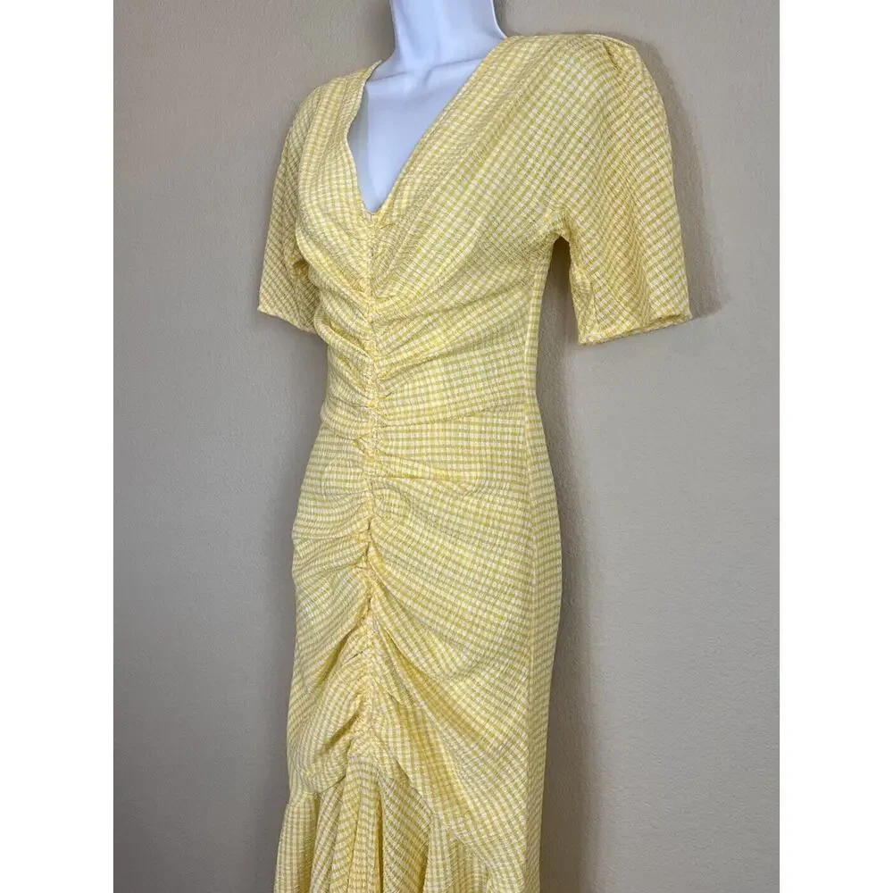 Staud Panier Yellow Gingham Mermaid Midi Dress Womens Size 6 Stretch - Picture 3 of 10